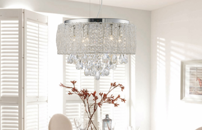Diyas IL31161 Adeline - The Adeline range consists of a 40cm and 50cm diameter pendant that can also be mounted as a semi ceiling. A mass of intricately twisted aluminium wire creates the outer body that elegantly masks any glare from the lamps. The inner cascade of crystal is created by strings of octagon crystal finished with large pendalogues. The fitting consists of a complimentary Polished Chrome plate, with stunning drops of crystal to bring a sparkle to a unique centre body. The E14 lampholders allows the product to be used with a multitude of lamps, allowing the brightness of halogen lamps or the energy saving benefits of LED lamps.